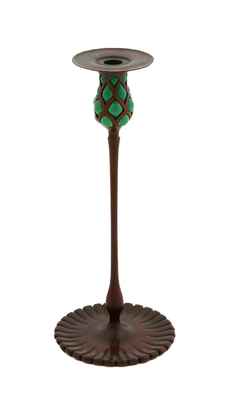Blown-Out Candlestick by Tiffany Studios, 1910, Blown glass and patinaed bronze, sold Sep 2023