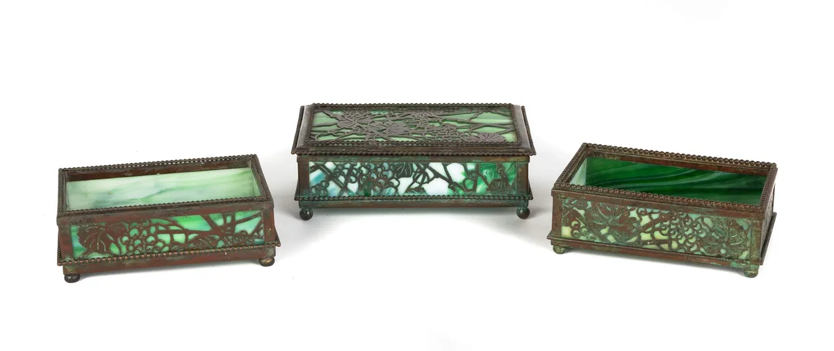 Grapevine Covered Box & Two Open Boxes by Tiffany Studios, sold Mar 2019