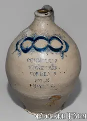Exceptional COMMERAW'S / STONEWARE / CORLEARS / HOOK / N. YORK Three-Gallon Stoneware Jug by Commeraw's Stoneware, early 19th century, Stoneware, sold Jul 2026
