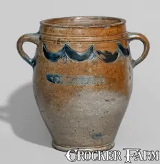 Commeraw's Stoneware, Fine COMMERAW'S / STONEWARE Vertical-Handled Stoneware Jar, New York City, c1800, c1800, Stoneware