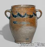 Commeraw's Stoneware, Fine COMMERAW'S / STONEWARE Vertical-Handled Stoneware Jar, New York City, c1800