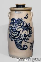 T. Harrington, Outstanding T. HARRINGTON / LYONS Five-Gallon Stoneware Churn w/ Exuberant Cobalt Cornucopia Decoration, circa 1860, Stoneware