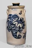 T. Harrington, Outstanding T. HARRINGTON / LYONS Five-Gallon Stoneware Churn w/ Exuberant Cobalt Cornucopia Decoration, circa 1860, Stoneware