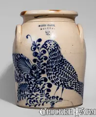 Martin Crafts, Exceptional MARTIN CRAFTS / BOSTON Stoneware Jar w/ Elaborate Cobalt Bird and Floral Decoration, circa 1855, Stoneware