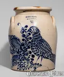 Martin Crafts, Exceptional MARTIN CRAFTS / BOSTON Stoneware Jar w/ Elaborate Cobalt Bird and Floral Decoration, circa 1855, Stoneware