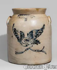 Wm E. Warner, Fine WM E. WARNER / WEST TROY, New York Stoneware Jar w/ Cobalt Eagle and Banner Motif, mid 19th century, Stoneware