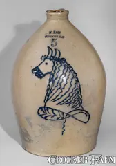 W. Hart, Outstanding W. HART / OGDENSBURGH, NY Five-Gallon Stoneware Jug w/ Cobalt Horse Head, c1858-69, c1858-69, Stoneware