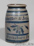 Hamilton & Jones, Exceptional "Hamilton & Jones / Greensboro Pa." Stoneware Cherries Canning Jar w/ Elaborate Decoration