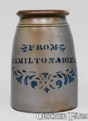 From, Greensboro, Pennsylvania Stoneware Canning Jar FROM / HAMILTON & JONES, circa 1870, Stoneware