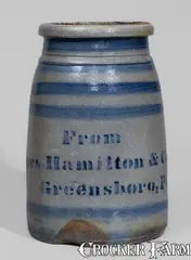 From, "From / James Hamilton & Co. / Greensboro, Pa." Stoneware Canning Jar w/ Cobalt Stripe Decoration, circa 1870, Stoneware
