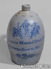 James Hamilton & Co., Very Rare "James Hamilton & Co / Greensboro, Pa." Stoneware Jug w/ Stenciled Cobalt Tavern Scene, circa 1875, Stoneware
