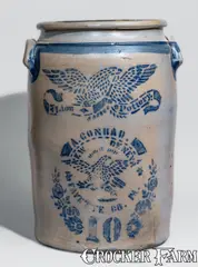 A. Conrad, Outstanding Ten-Gallon Lion Pottery A. CONRAD / NEW GENEVA / FAYETTE CO, PA Double Eagle Crock, circa 1875, Stoneware