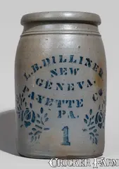 L.B. Dilliner, L.B. DILLINER / NEW GENEVA / FAYETTE CO. / PA Stoneware Jar, circa 1875, Stoneware