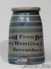 From, Fine Stoneware Canning Jar w/ Elaborate Cobalt Stripe Decoration, "From / James Hamilton & Co. / Greensboro, Pa.", circa 1870, Stoneware