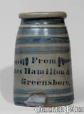 From, Fine Stoneware Canning Jar w/ Elaborate Cobalt Stripe Decoration, "From / James Hamilton & Co. / Greensboro, Pa.", circa 1870, Stoneware