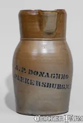 A.P. Donaghho, Small-Sized A.P. DONAGHHO / PARKERSBURG, W.VA Stoneware Pitcher, circa 1875, Stoneware