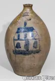 Stedman & Seymour, Extremely Rare STEDMAN & SEYMOUR / NEW-HAVEN, CT Stoneware Jug w/ Incised House Decoration, circa 1830, Stoneware