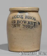 Bowery, Small-Sized TODE BROS / 272 BOWERY / NEW YORK Stoneware Jar, late 19th century, Stoneware