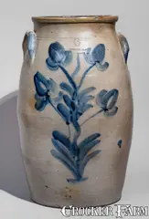 Higgins & Co, Rare Six-Gallon HIGGINS & CO / CLEVELAND Ohio Stoneware Churn w/ Elaborate Decoration, circa 1840, Stoneware