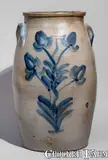 Higgins & Co, Rare Six-Gallon HIGGINS & CO / CLEVELAND Ohio Stoneware Churn w/ Elaborate Decoration, circa 1840, Stoneware