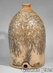 Nichols & Boynton, Highly Important Large Stoneware Cooler w/ Profuse Incised Tree and Cow Scene, NICHOLS & BOYNTON / BURLINGTON, VT, circa 1854-1855, Stoneware