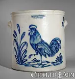 John Burger, Outstanding JOHN BURGER / ROCHESTER, NY Five-Gallon Stoneware Crock w/ Rooster Scene, circa 1860, Stoneware