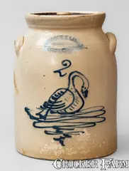 Burger & Lang, Extremely Rare BURGER & LANG / ROCHESTER, N.Y. Lidded Stoneware Jar w/ Cobalt Swan, circa 1875, Stoneware