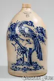 West Troy, Magnificent WEST TROY / N.Y. / POTTERY Five-Gallon Stoneware Jug w/ Elaborate Cobalt Pheasant on Stump, circa 1875, Stoneware
