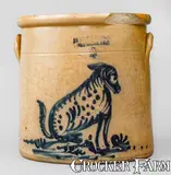 J.A. & C.W. Underwood, Rare J.A. & C.W. UNDERWOOD / FORT EDWARD, N.Y. Stoneware Crock w/ Cobalt Dog, c1865-67, c1865-67, Stoneware
