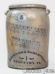 Lipscomb & Somerville, Fine LIPSCOMB & SOMERVILLE / STAUNTON, VA Five-Gallon Cobalt-Stenciled Stoneware Jar, circa 1880, Stoneware
