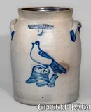 Cowden & Wilcox, Rare COWDEN & WILCOX / HARRISBURG, PA Two-Gallon Stoneware Jar w/ Cobalt Bird-on-Stump, circa 1865, Stoneware