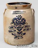Wm E. Warner, WM E. WARNER. / WEST TROY Stoneware Jar w/ Cobalt Flowering Urn Decoration