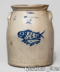 W. Hart, Scarce W. HART / OGDENSBURGH, NY Stoneware Jar w/ Cobalt Fish Decoration, circa 1858-1869, Stoneware