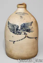 Wm E. Warner, WM E. WARNER / WEST-TROY Stoneware Jug w/ Cobalt Eagle and Banner Motif, mid 19th century, Stoneware