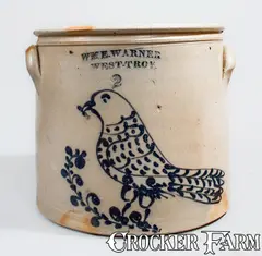Wm E. Warner, Rare WM E. WARNER / WEST-TROY, New York Two-Gallon Stoneware Bird Crock, mid 19th century, Stoneware