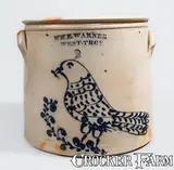 Wm E. Warner, Rare WM E. WARNER / WEST-TROY, New York Two-Gallon Stoneware Bird Crock