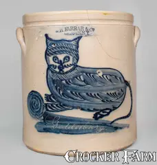 W. H. Farrar, Important W. H. FARRAR / GEDDES, N.Y. Stoneware Crock w/ Elaborate Cat Decoration, Inscribed "Geddesburg", circa 1850, Stoneware