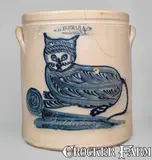 W. H. Farrar, Important W. H. FARRAR / GEDDES, N.Y. Stoneware Crock w/ Elaborate Cat Decoration, Inscribed "Geddesburg", circa 1850, Stoneware