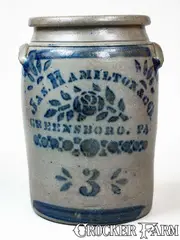Jas. Hamilton & Co., 3 Gal. JAS. HAMILTON & CO. / GREENSBORO, PA Stoneware Jar w/ Stenciled Rose Decoration, circa 1875, Stoneware