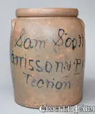 Sam Scott, Rare 8 Gal. "Sam Scott / Harrison & Protection" Political Stoneware Jar, Ohio origin, c1890, c1890, Stoneware