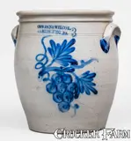 Cowden & Wilcox, 3 Gal. COWDEN & WILCOX / HARRISBURG, PA Stoneware Jar w/ Grapes Decoration, circa 1865, Stoneware
