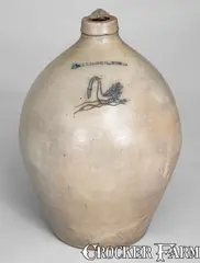 I. Seymour, Ovoid I. SEYMOUR / TROY, New York Stoneware Jug w/ Incised Swan Decoration, circa 1830, Stoneware