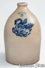 Julius Norton, Extremely Rare JULIUS NORTON / BENNINGTON, VT Stoneware Jug w/ Cobalt Swan on Nest, circa 1845, Stoneware