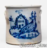 J. & E. Norton, Rare 5 Gal. J & E. NORTON / BENNINGTON, VT Stoneware Crock w/ Elaborate Reclining Deer w/ House Design