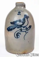 F. T. Wright & Son, 2 Gal. F. T. WRIGHT & SON / TAUNTON, MASS. Stoneware Jug w/ Bird Decoration, circa 1870, Stoneware