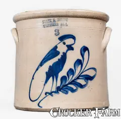Frank B. Norton, 3 Gal. FRANK B. NORTON / WORCESTER, MASS. Stoneware Crock w/ Parrot Decoration, circa 1858-1877, Stoneware