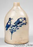 West Troy, Rare WEST TROY / N.Y. / POTTERY Stoneware Jug w/ Cobalt Double Bird Decoration, c1875, c1875, Stoneware