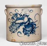 Haxstun & Co., Outstanding 5 Gal. HAXSTUN & CO. / FORT EDWARD, NY Stoneware Crock w/ Elaborate Bird and Floral Decoration, circa 1875, Stoneware
