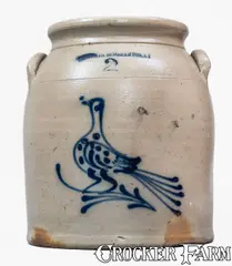Thomas Roberts, 2 Gal. W, ROBERTS / BINGHAMTON, N.Y. Stoneware Crock w/ Slip-Trailed Bird Decoration, circa 1870, Stoneware
