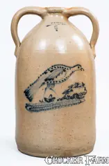 W. A. Lewis, Exceptional W. A. LEWIS / GALESVILLE, NY Stoneware Double-Handled Jug w/ Elaborate Turkey Decoration, circa 1857-1860, Stoneware
